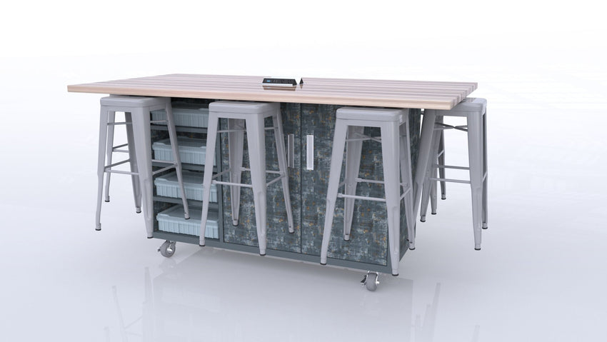 CEF ED8 Table 42"H High Pressure Laminate Top, Laminate Base with 8 Stools, Storage bins, and Electrical Outlets Included. - SchoolOutlet