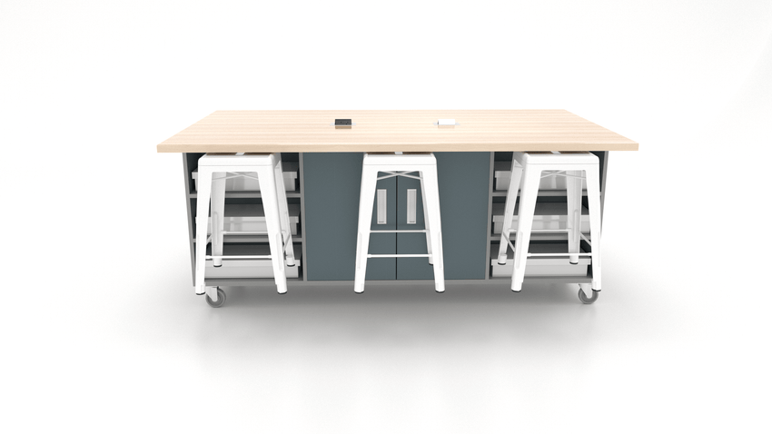 CEF ED Double Table 36"H Butcher Block Top, Laminate Base with 6 Stools, Storage bins, and Electrical Outlets Included. - SchoolOutlet