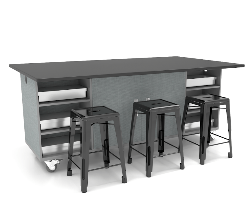 CEF ED Double Table 42"H Chemical Resistant Top, Laminate Base with 6 Stools, Storage bins, and Electrical Outlets Included. - SchoolOutlet