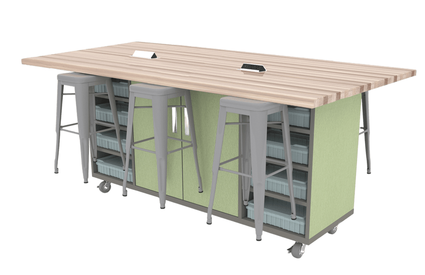 CEF ED Double Table 42"H High Pressure Laminate Top, Laminate Base with 6 Stools, Storage bins, and Electrical Outlets Included. - SchoolOutlet