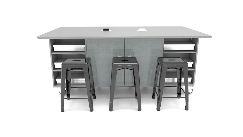 CEF ED Double Table 42"H Tough Top, Laminate Base with 6 Stools, Storage bins, and Electrical Outlets Included. - SchoolOutlet