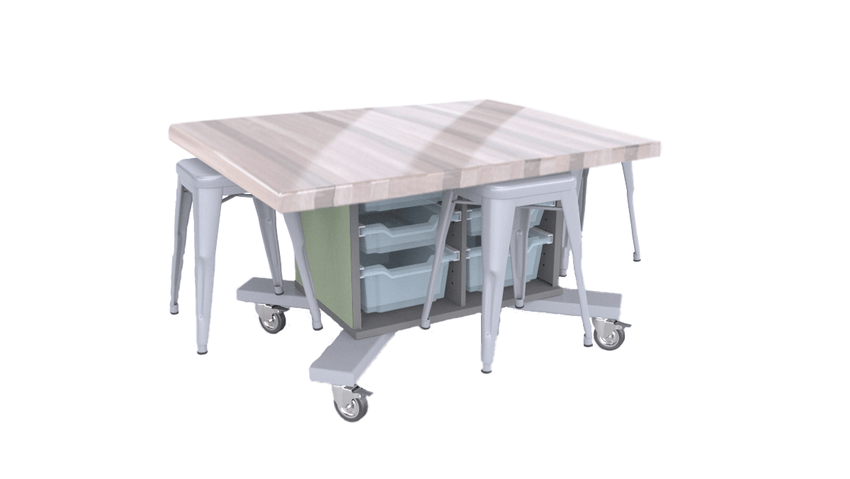 CEF Hideaway Storage Table 26"H - Single Sided 6 Bin Storage Cart and a Solid Maple Butcher Block Top 49"W x 40"D with 4 Metal Stools Included - SchoolOutlet