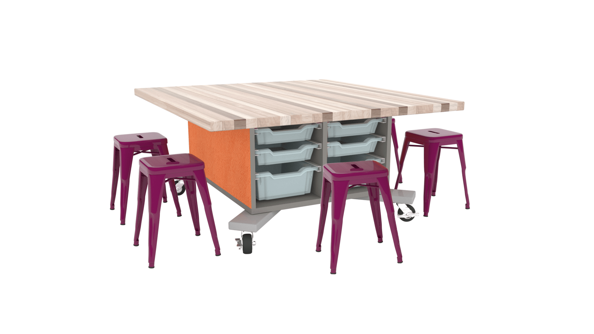 CEF Hideaway Storage Table 26"H - Double Sided 12 Bin Storage Cart and a Solid Maple Butcher Block Top 49"W x 60"D with 6 Metal Stools Included - SchoolOutlet