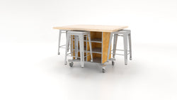 CEF Hideaway Storage Table 34"H - Single Sided Storage Cart with Two Split Shelves and a Solid Maple Butcher Block Top 49"W x 40"D with 4 Metal Stools Included