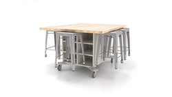 CEF Hideaway Storage Table 34"H - Double Sided Storage Cart with Two Split Shelves and a Solid Maple Butcher Block Top 49"W x 60"D with 6 Metal Stools Included