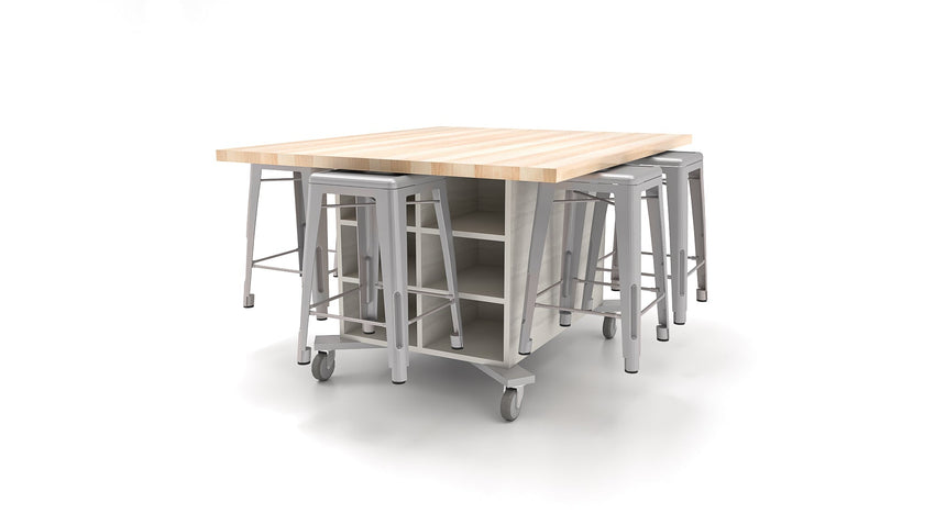 CEF Hideaway Storage Table 34"H - Double Sided Storage Cart with Two Split Shelves and a Solid Maple Butcher Block Top 49"W x 60"D with 6 Metal Stools Included - SchoolOutlet