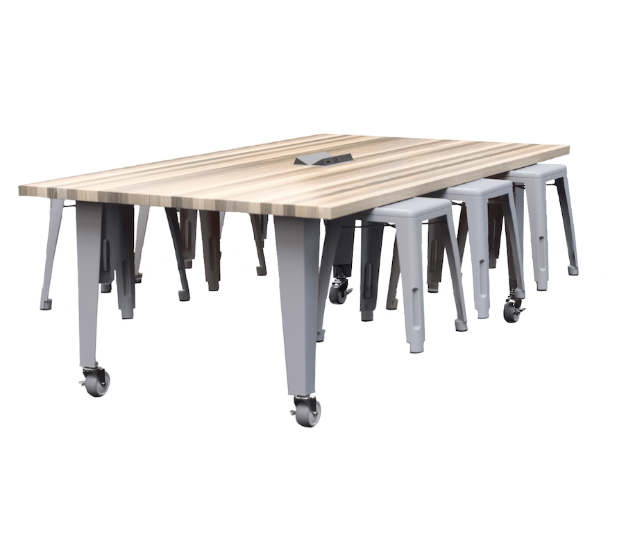 CEF IDEA Island Table 30" Height w/ 6-Seat - Butcher Block Top 84"W x 48"D with Steel Frame, 6 Stools and a Pop-up Dual Dock Electrical Station - SchoolOutlet
