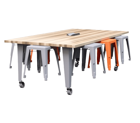 CEF IDEA Island Table 30" Height w/ 8-Seat - Butcher Block Top 84"W x 48"D with Steel Frame, 8 Stools and a Pop-up Dual Dock Electrical Station - SchoolOutlet