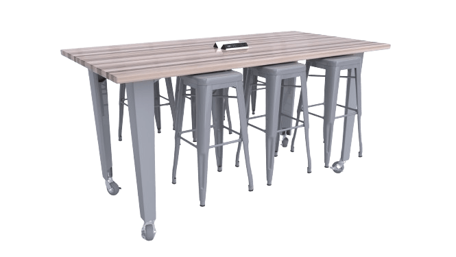 CEF IDEA Island Table 34" Height w/ 6-Seat - ADA Compliant - Butcher Block Top 84"W x 48"D with Steel Frame, 6 Stools and a Pop-up Dual Dock Electrical Station - SchoolOutlet