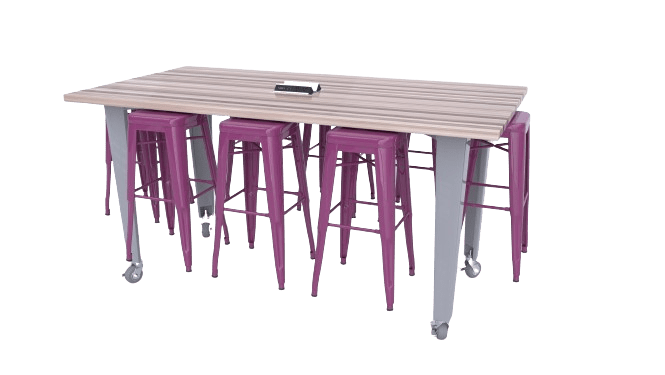 CEF IDEA Island Table 34" Height w/ 8-Seat - ADA Compliant - Butcher Block Top 84"W x 48"D with Steel Frame, 8 Stools and a Pop-up Dual Dock Electrical Station - SchoolOutlet