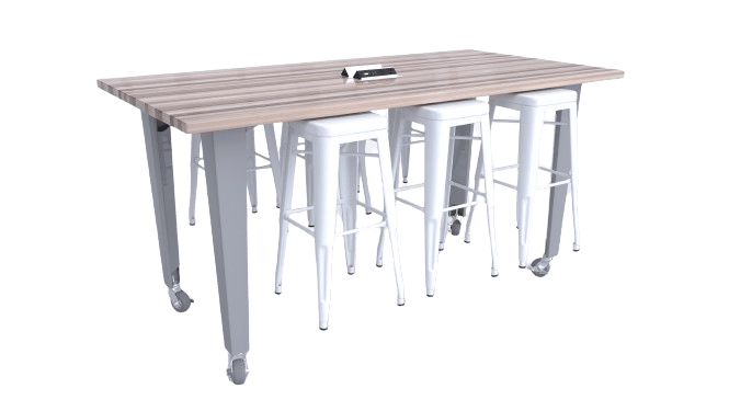 CEF IDEA Island Table 42" Height w/ 6-Seat - Butcher Block Top 84"W x 48"D with Steel Frame, 6 Stools and a Pop-up Dual Dock Electrical Station - SchoolOutlet
