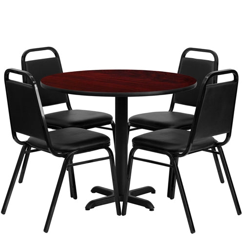 Flash Furniture 36'' Round Laminate Table Set with 4 Black Trapezoidal Back Banquet Chairs(FLA-HDBF-A-GG) - SchoolOutlet