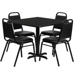Flash Furniture 36'' Square Laminate Table Set with 4 Black Trapezoidal Back Banquet Chairs(FLA-HDBF-C-GG)