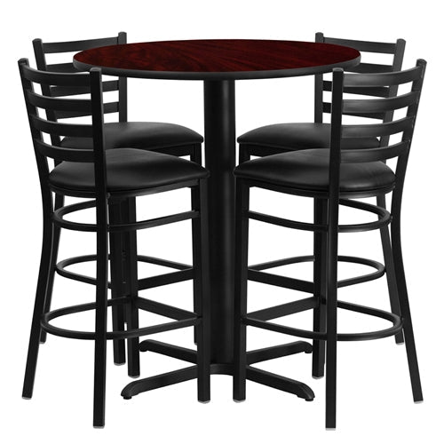 Flash Furniture 30'' Round Laminate Table Set with 4 Ladder Back Metal Bar Stools - Black Vinyl Seat(FLA-HDBF-F-GG) - SchoolOutlet