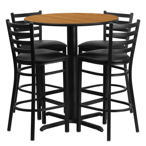 Flash Furniture 30'' Round Laminate Table Set with 4 Ladder Back Metal Bar Stools - Black Vinyl Seat(FLA-HDBF-F-GG) - SchoolOutlet