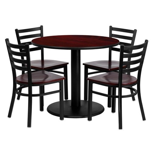 Flash Furniture 36'' Round Mahogany Laminate Table Set with 4 Ladder Back Metal Chairs - Mahogany Wood Seat(FLA-MD-0004-GG) - SchoolOutlet