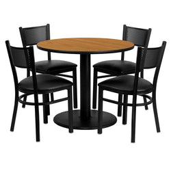 Flash Furniture 36'' Round Natural Laminate Table Set with 4 Grid Back Metal Chairs - Black Vinyl Seat (FLA-MD-0006-GG)
