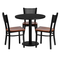 Flash Furniture 30'' Round Black Laminate Table Set with 3 Grid Back Metal Chairs - Cherry Wood Seat(FLA-MD-0007-GG)