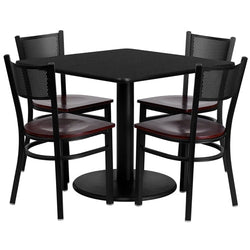 Flash Furniture 36'' Square Black Laminate Table Set with 4 Grid Back Metal Chairs - Mahogany Wood Seat (FLA-MD-0008-GG)