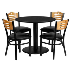 Flash Furniture 36'' Round Black Laminate Table Set with 4 Wood Slat Back Metal Chairs - Black Vinyl Seat (FLA-MD-0009-GG)