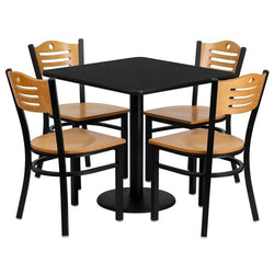 Flash Furniture 30'' Square Black Laminate Table Set with 4 Wood Slat Back Metal Chairs - Natural Wood Seat(FLA-MD-0010-GG)