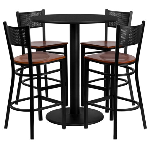 Flash Furniture 36'' Round Black Laminate Table Set with 4 Grid Back Metal Bar Stools - Cherry Wood Seat (FLA-MD-0018-GG) - SchoolOutlet