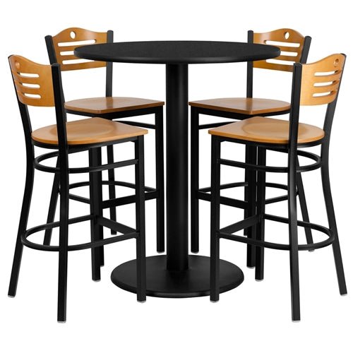 Flash Furniture 36'' Round Black Laminate Table Set with 4 Wood Slat Back Metal Bar Stools - Natural Wood Seat(FLA-MD-0020-GG) - SchoolOutlet