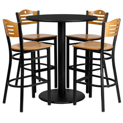 Flash Furniture 36'' Round Black Laminate Table Set with 4 Wood Slat Back Metal Bar Stools - Natural Wood Seat(FLA-MD-0020-GG)