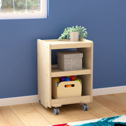 Bright Beginnings Commercial Wooden Mobile Storage Cart with 3 Storage Tiers and Locking Caster Wheels, Natural