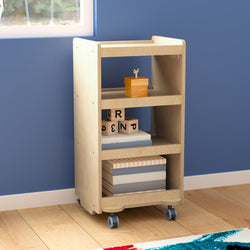 Bright Beginnings Commercial Wooden Mobile Storage Cart with 4 Storage Tiers and Locking Caster Wheels, Natural