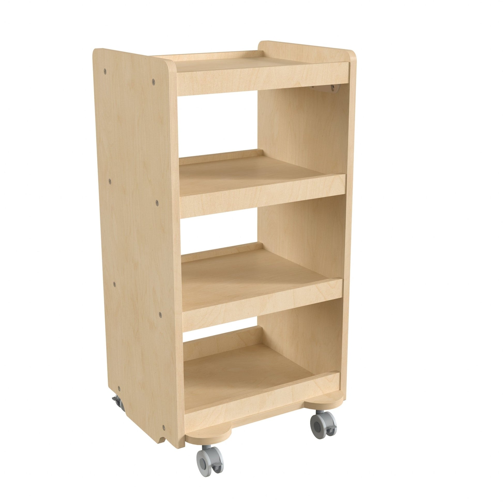 Bright Beginnings Commercial Wooden Mobile Storage Cart with 4 Storage Tiers and Locking Caster Wheels, Natural - SchoolOutlet