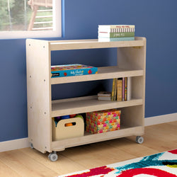 Bright Beginnings Commercial Grade Space Saving 4 Shelf Wooden Mobile Classroom Storage Cart with Locking Caster Wheels, Kid Friendly Design, Natural