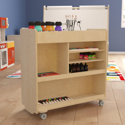 Bright Beginnings Commercial Grade Wooden Mobile Storage Cart with 4 Top Storage Compartments, 5 Cubbies and Locking Caster Wheels