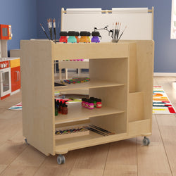 Bright Beginnings Commercial Wooden Mobile Storage Cart with Space Saving Vertical and Horizontal Storage Compartments, Locking Caster Wheels, Natural