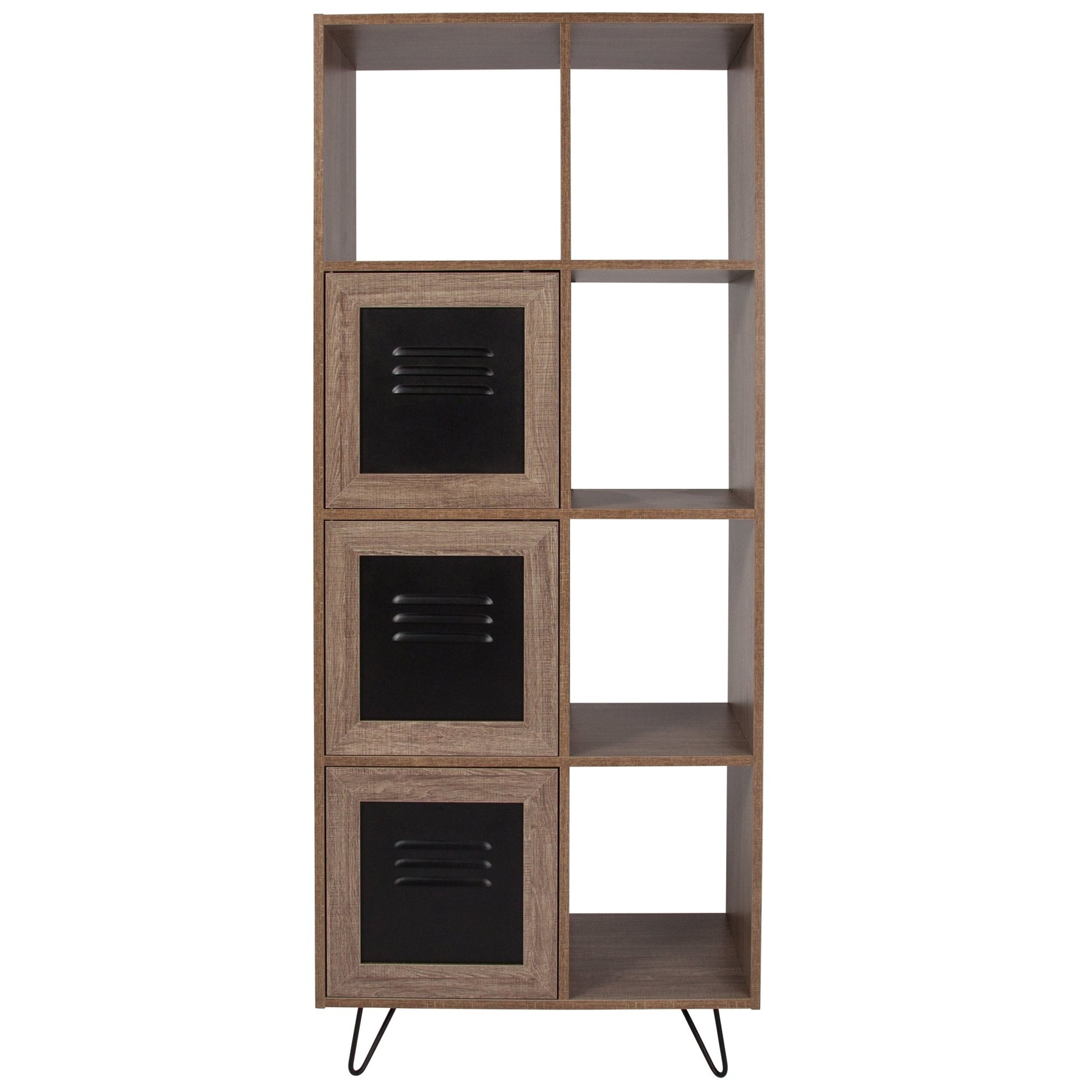 Woodridge Collection 63"H 5 Cube Storage Organizer Bookcase with Metal Cabinet Doors in Rustic Wood Grain Finish - SchoolOutlet