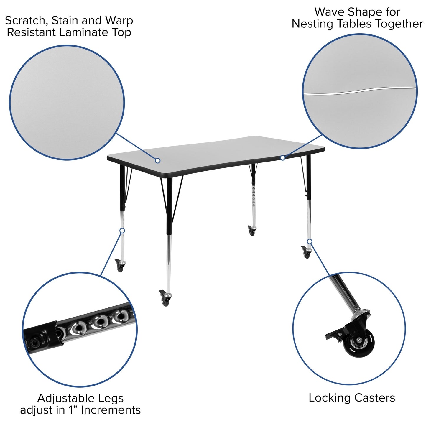 Wren Mobile 28"W x 47.5"L Rectangle Wave Flexible Collaborative Laminate Activity Table-Standard Height Adjust Legs - SchoolOutlet