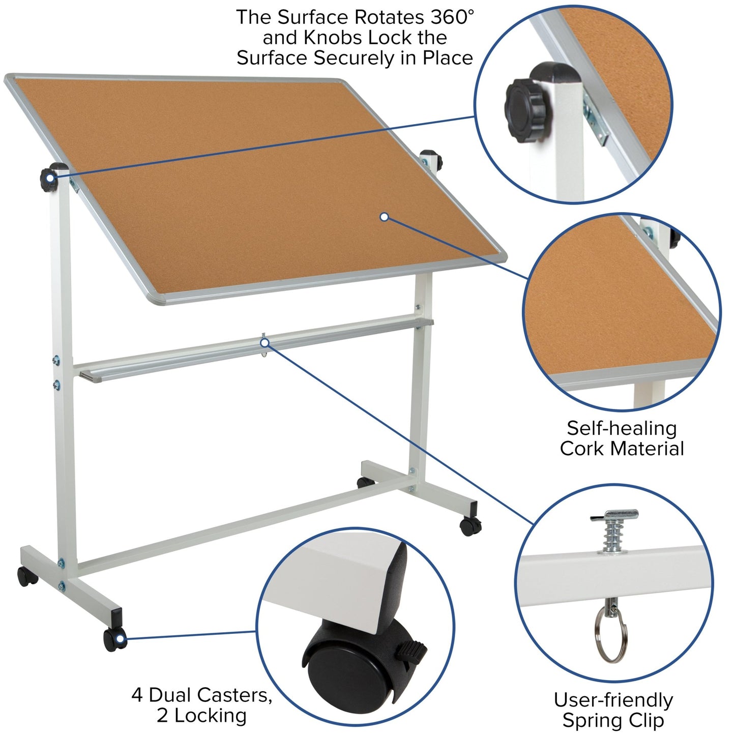 HERCULES Series 53"W x 62.5"H Reversible Mobile Cork Bulletin Board and White Board with Pen Tray - SchoolOutlet