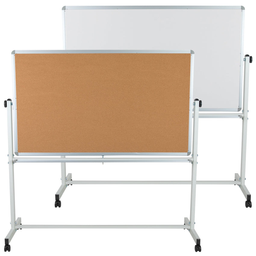 HERCULES Series 62.5"W x 62.25"H Reversible Mobile Cork Bulletin Board and White Board with Pen Tray - SchoolOutlet