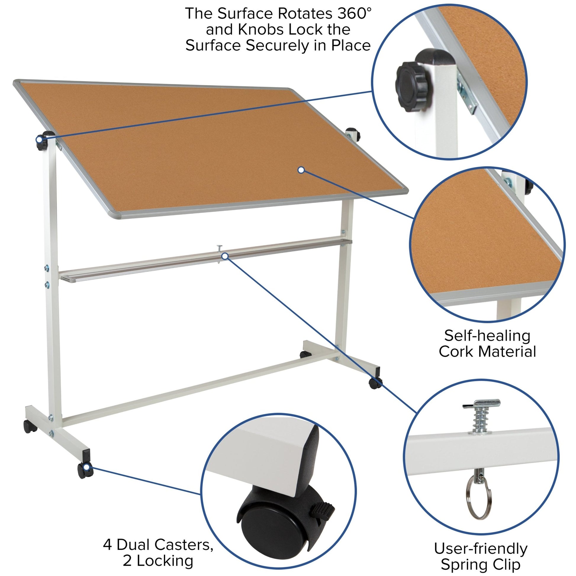 HERCULES Series 64.25"W x 64.75"H Reversible Mobile Cork Bulletin Board and White Board with Pen Tray - SchoolOutlet