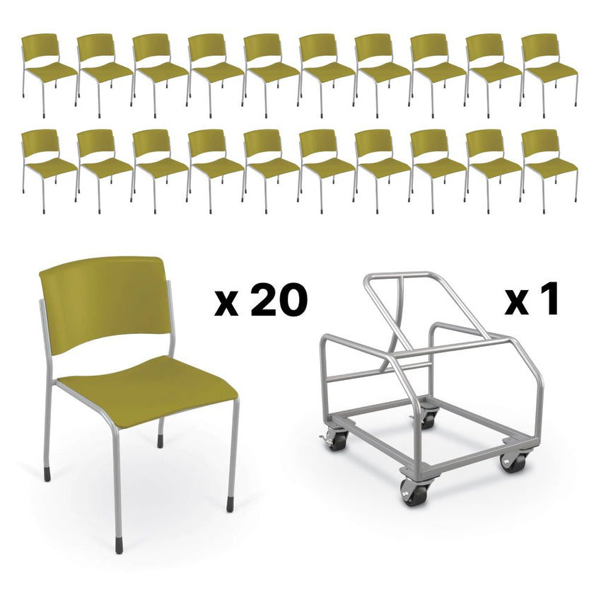 Mooreco Akt 4-Leg Stackable Chairs (Pack of 20) with Stacker Cart - 18" Seat Height with Glides - SchoolOutlet