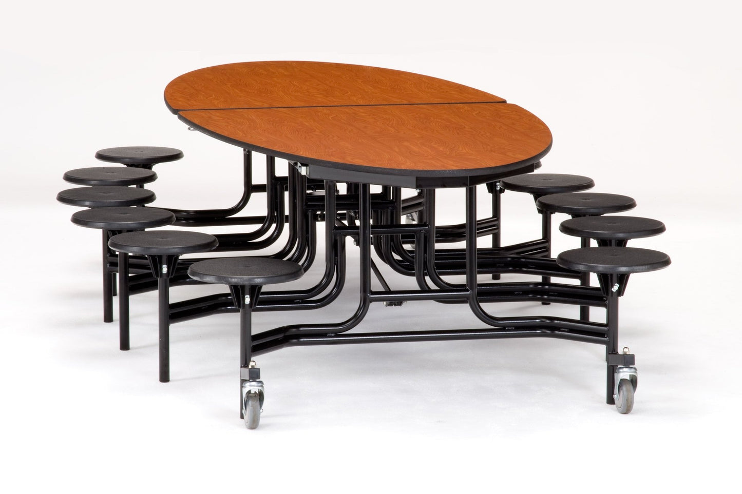 NPS 10' Elliptical Mobile Cafeteria Table - 12 Stools - Plywood Core - T-Molding Edge - Chrome Frame - SchoolOutlet