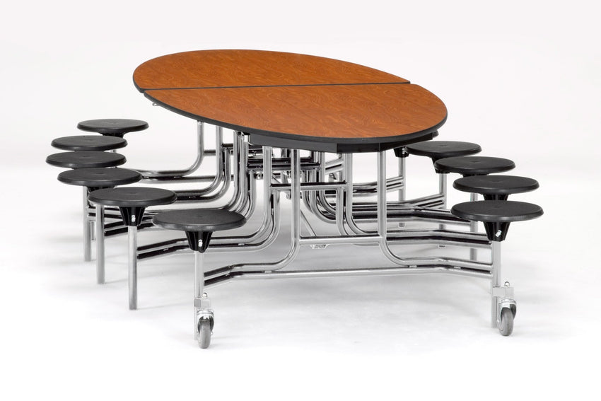 NPS 10' Elliptical Mobile Cafeteria Table - 12 Stools - Plywood Core - T-Molding Edge - Black Powdercoated Frame - SchoolOutlet