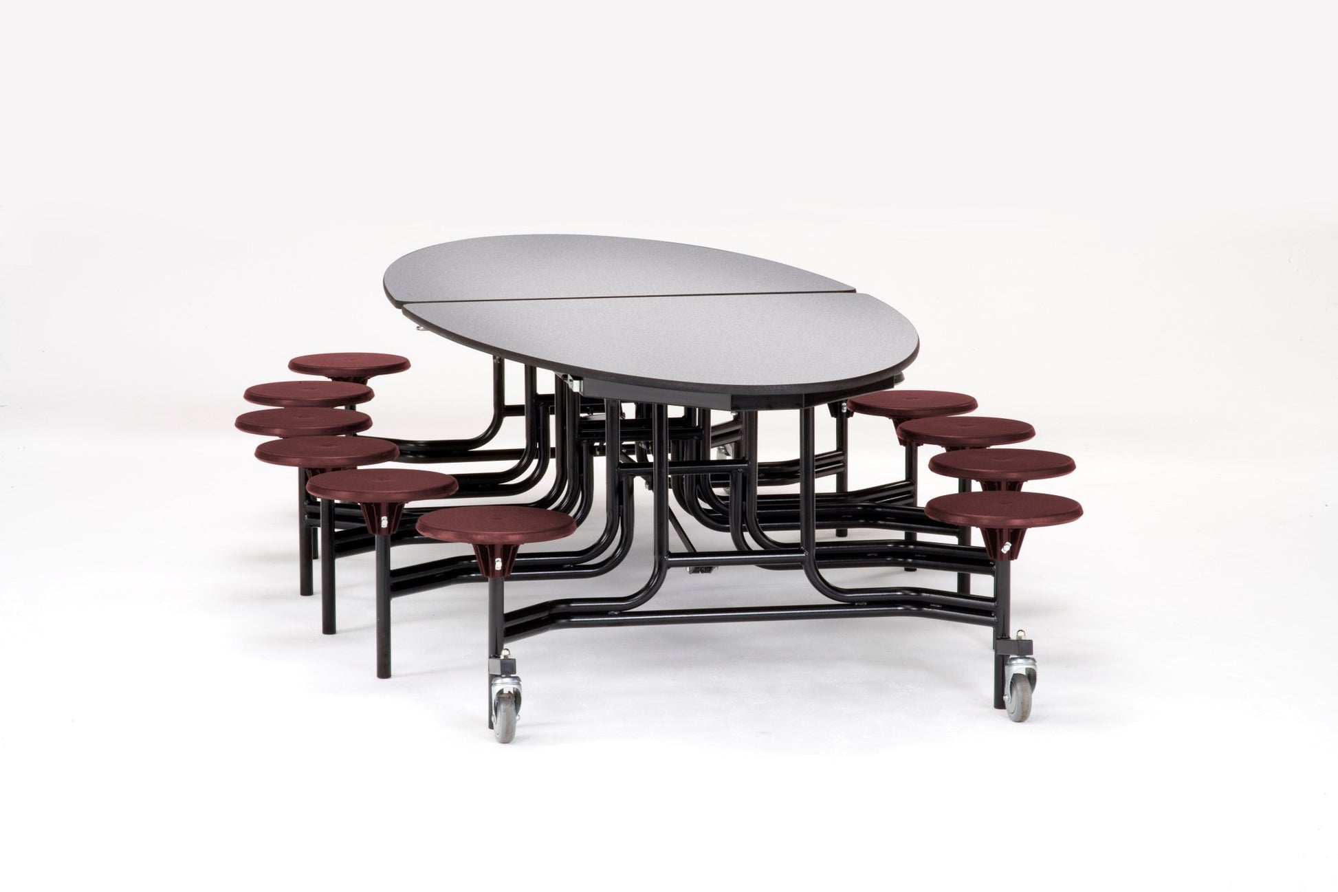 NPS 10' Elliptical Mobile Cafeteria Table - 12 Stools - Plywood Core - T-Molding Edge - Black Powdercoated Frame - SchoolOutlet