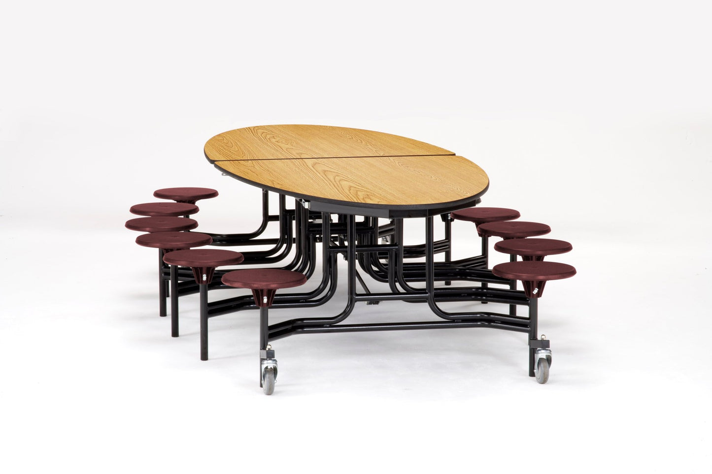 NPS 10' Elliptical Mobile Cafeteria Table - 12 Stools - Plywood Core - T-Molding Edge - Black Powdercoated Frame - SchoolOutlet