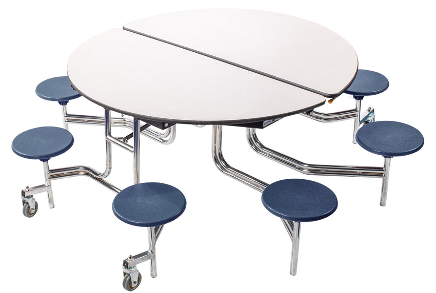 NPS 60" Round Mobile Cafeteria Table - 8 Stools - MDF Core - Protected Edge - Chrome Frame - SchoolOutlet