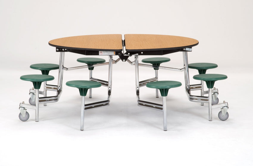 NPS 60" Round Mobile Cafeteria Table - 8 Stools - MDF Core - Protected Edge - Chrome Frame - SchoolOutlet