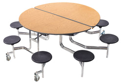 NPS 60" Round Mobile Cafeteria Table - 8 Stools - Plywood Core - T-Molding Edge - Chrome Frame
