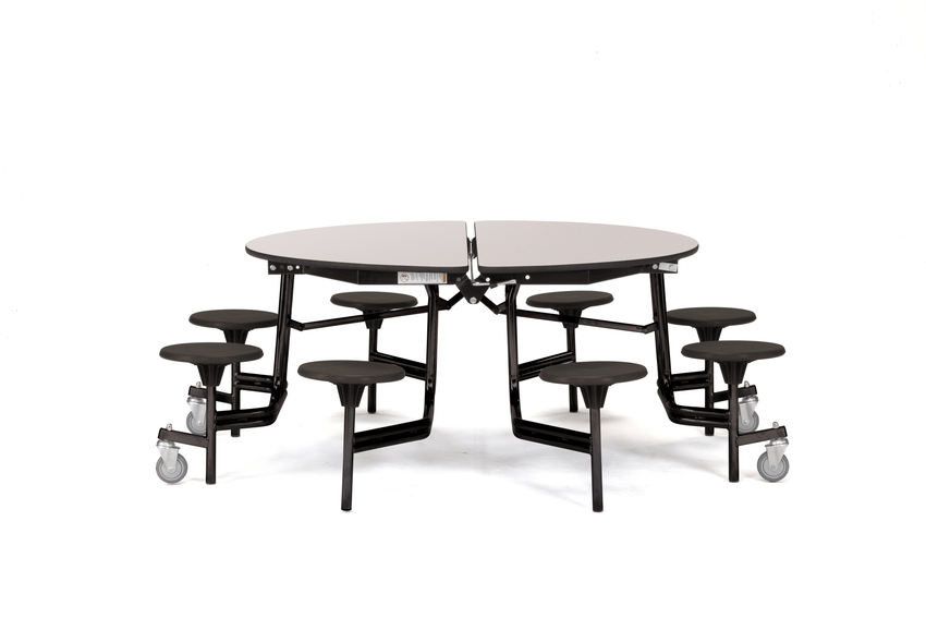 NPS 60" Round Mobile Cafeteria Table - 8 Stools - Plywood Core - T-Molding Edge - Black Powdercoated Frame - SchoolOutlet