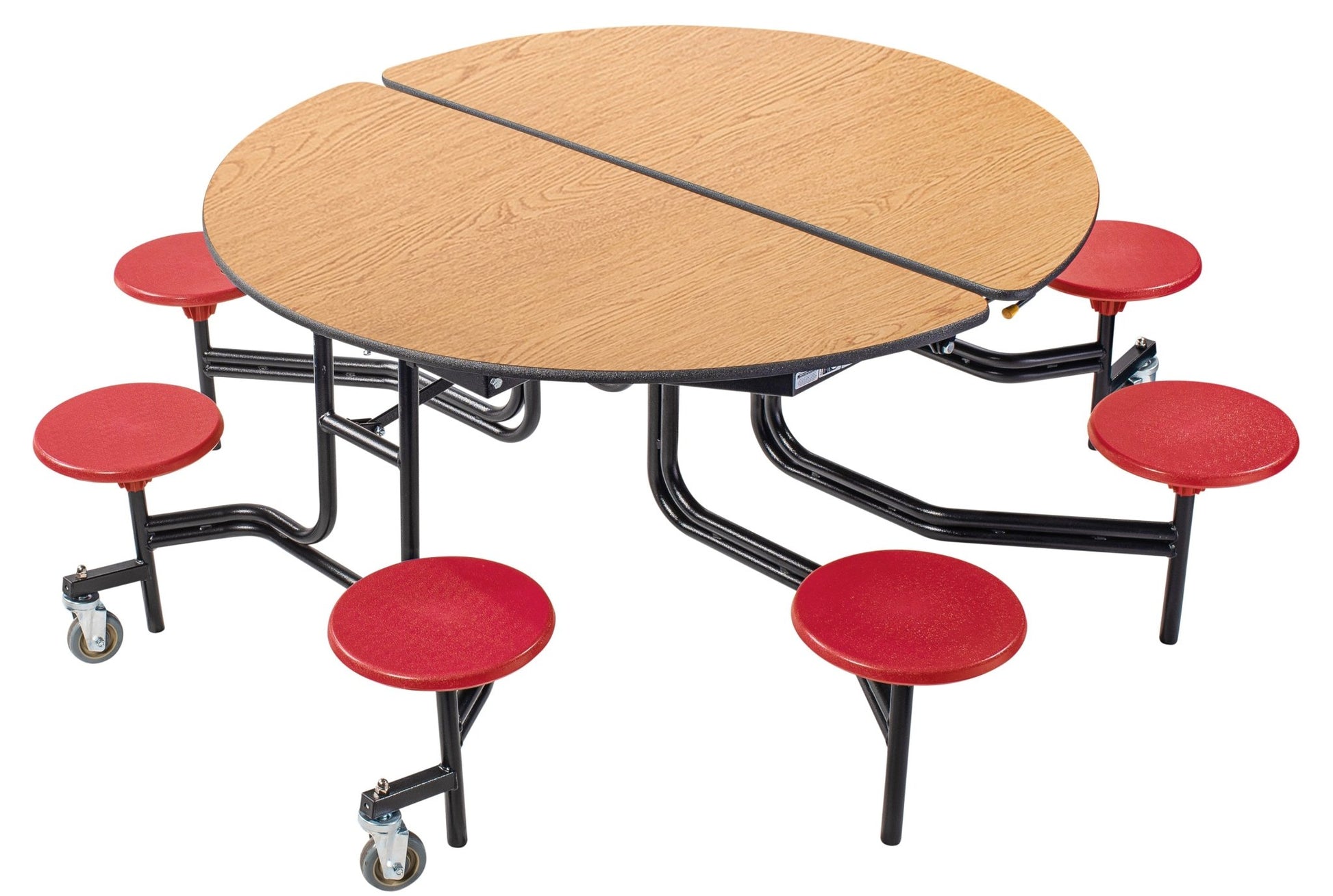NPS 60" Round Mobile Cafeteria Table - 8 Stools - Plywood Core - T-Molding Edge - Black Powdercoated Frame - SchoolOutlet