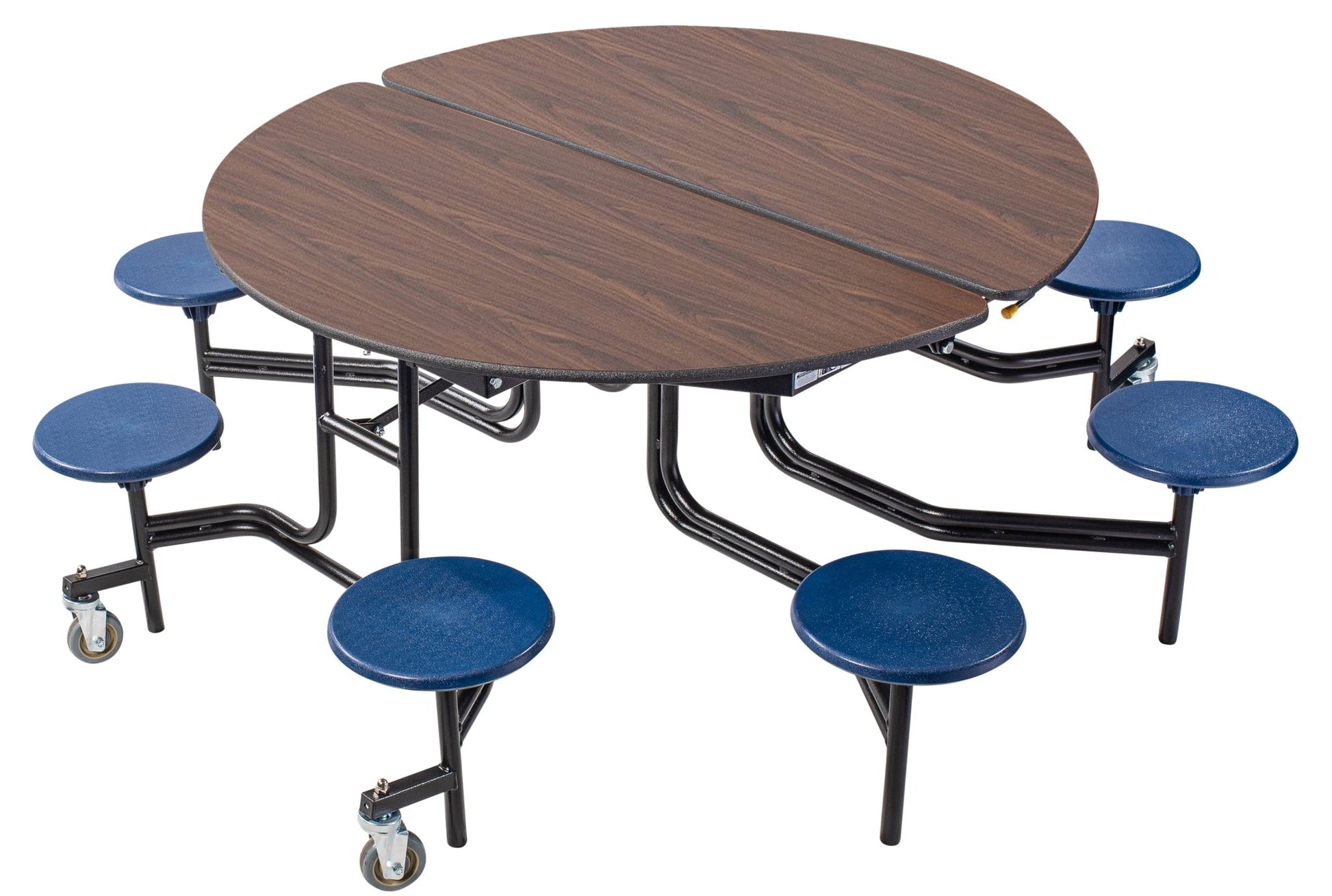 NPS 60" Round Mobile Cafeteria Table - 8 Stools - Plywood Core - T-Molding Edge - Black Powdercoated Frame - SchoolOutlet